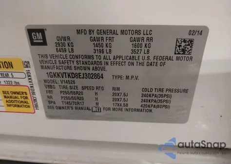 2014 GMC Acadia Denali from USA, damaged, VIN 1GKKVTKD8EJ302864
